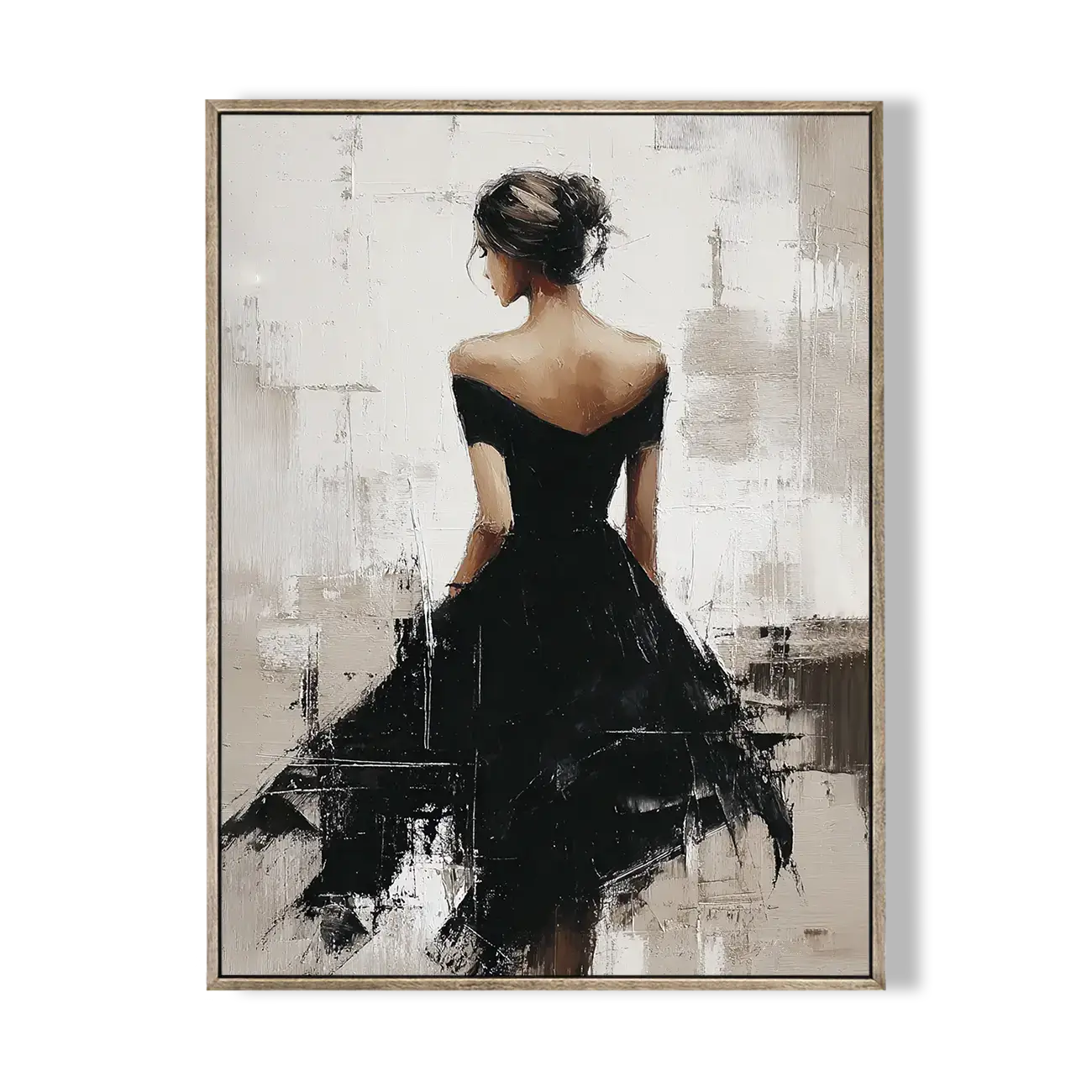 Framed artwork of a woman in a black dress against an abstract background