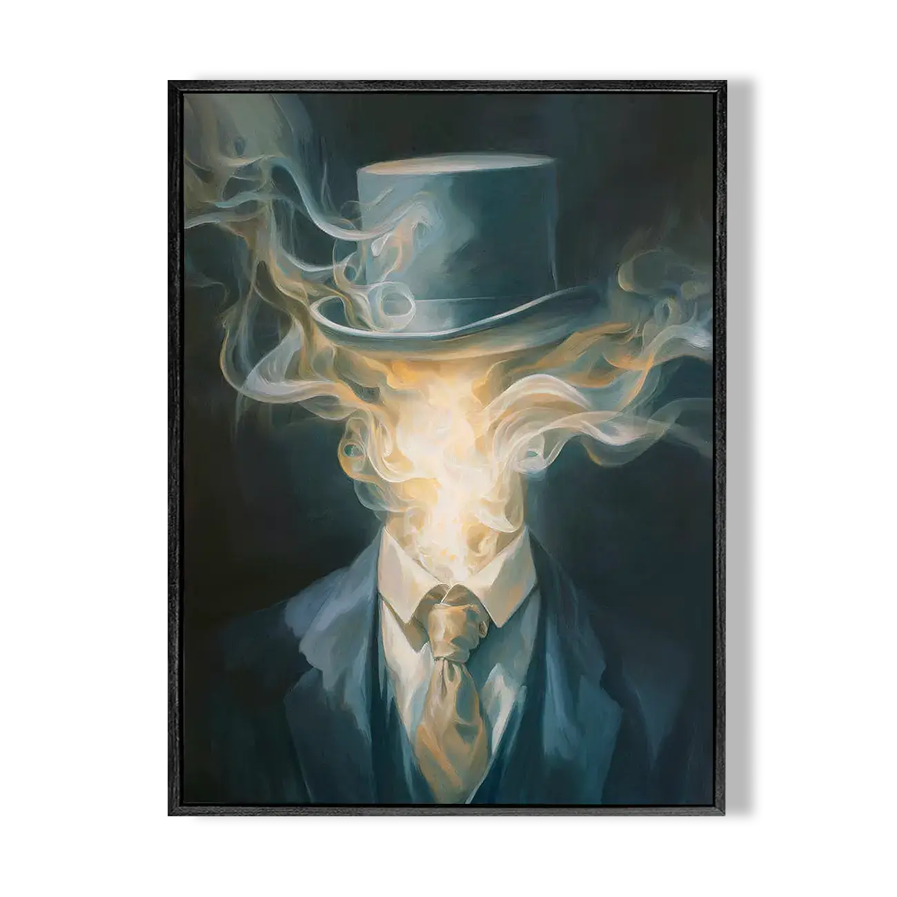 Framed artwork of a person in formal attire with a top hat made of smoke on a dark background