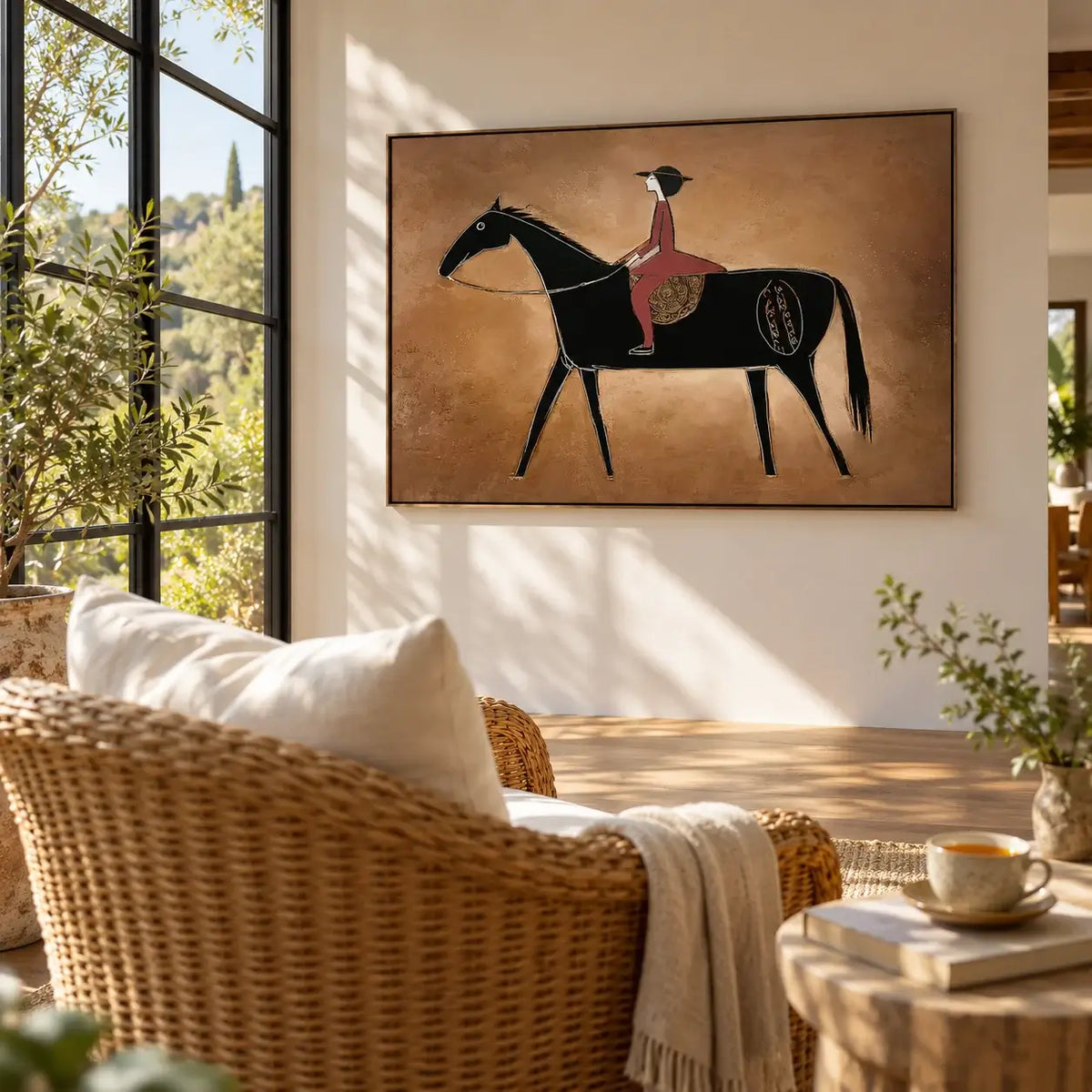 Minimalist Woman on Black Horse