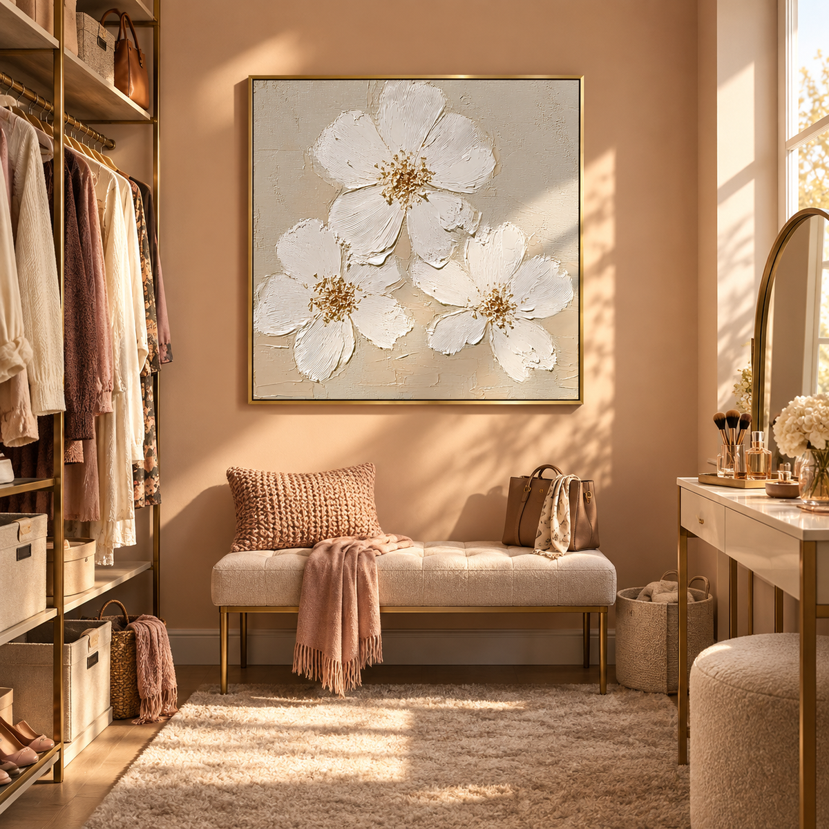 White Bloom Gold Floral Wall Art