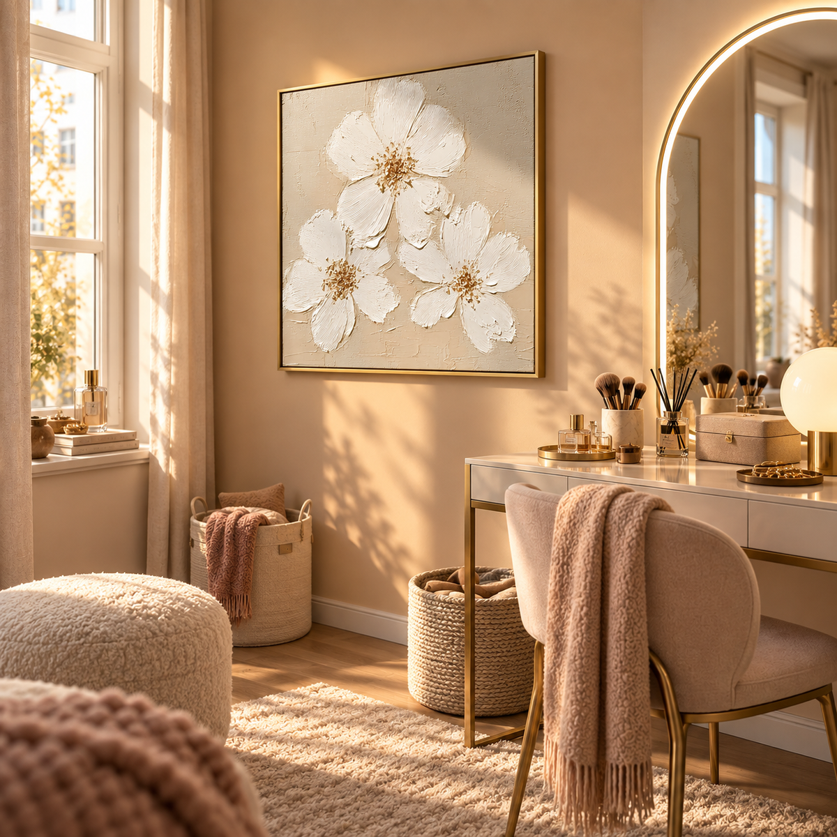 White Bloom Gold Floral Wall Art
