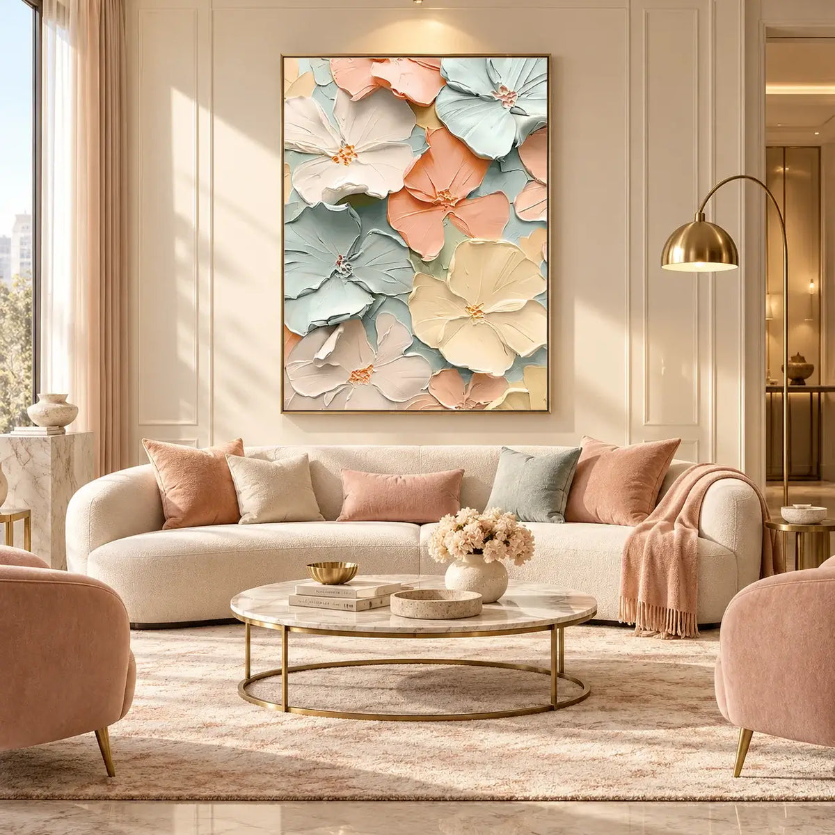 Soft Cream Floral Relief Artwork #HHV013