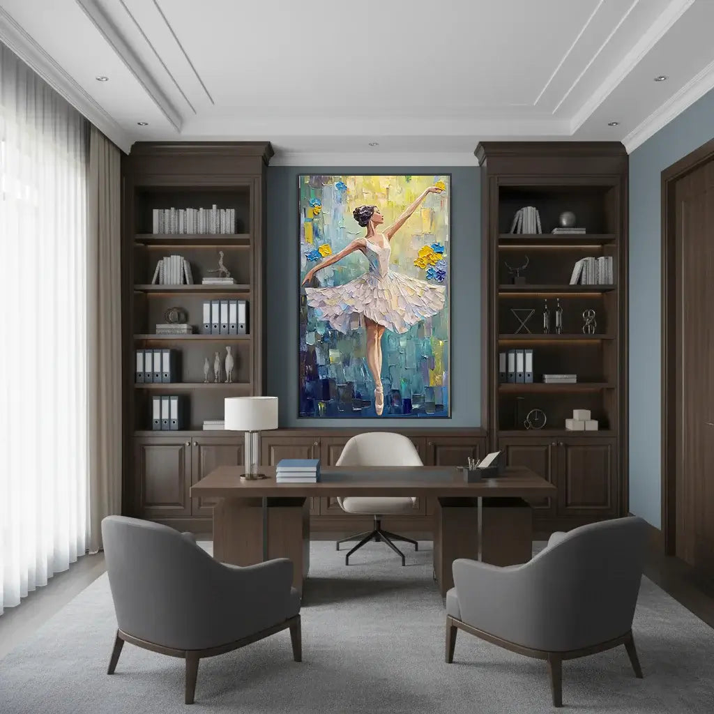 Modern office interior with bookshelves, a desk, and a ballet-themed painting.